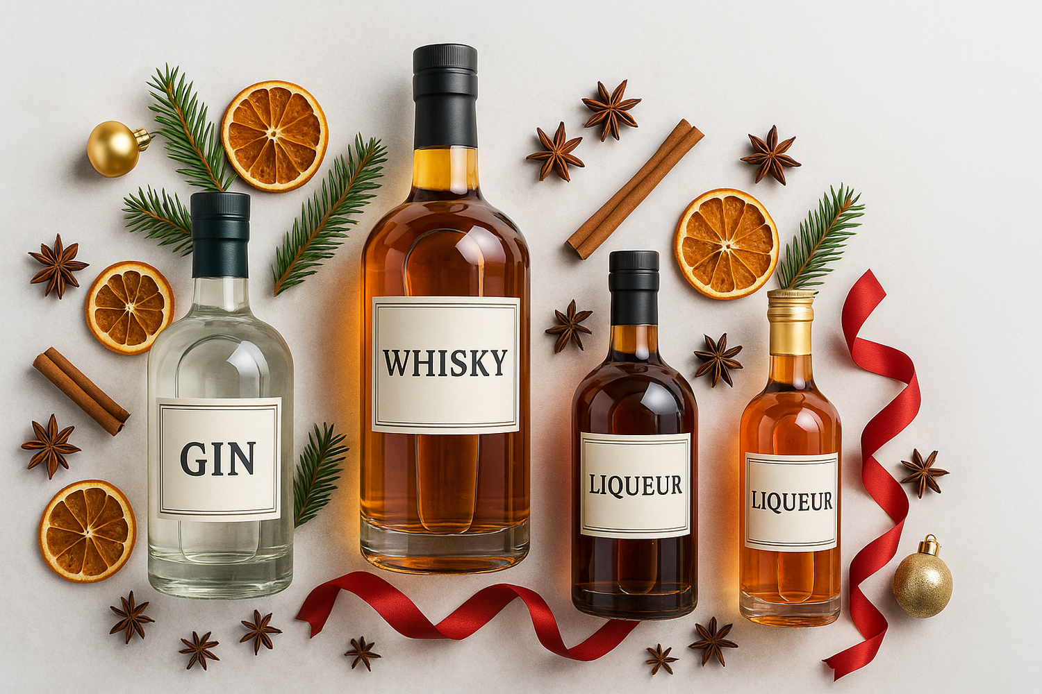 Bright stone flatlay with gin, whisky and liqueur bottles, gold ribbon and festive accents.