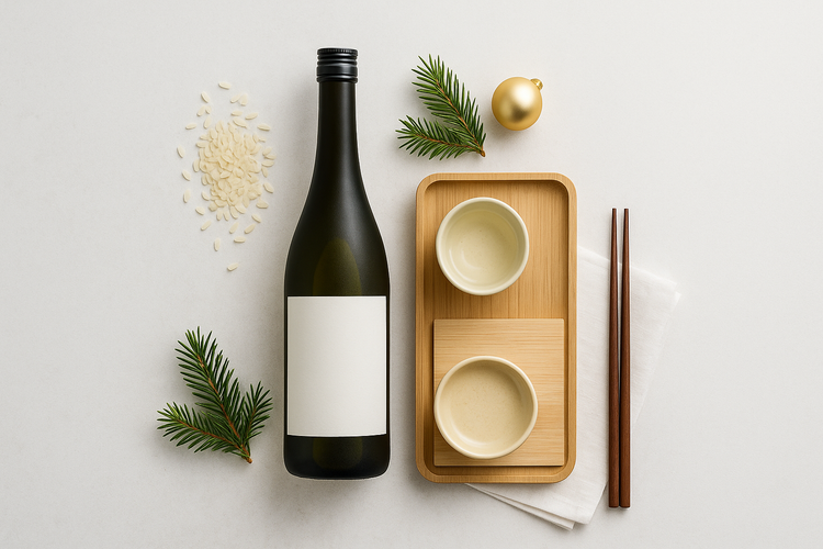 Minimalist marble flatlay with sake bottle, ceramic cup, rice grains and pine sprig.