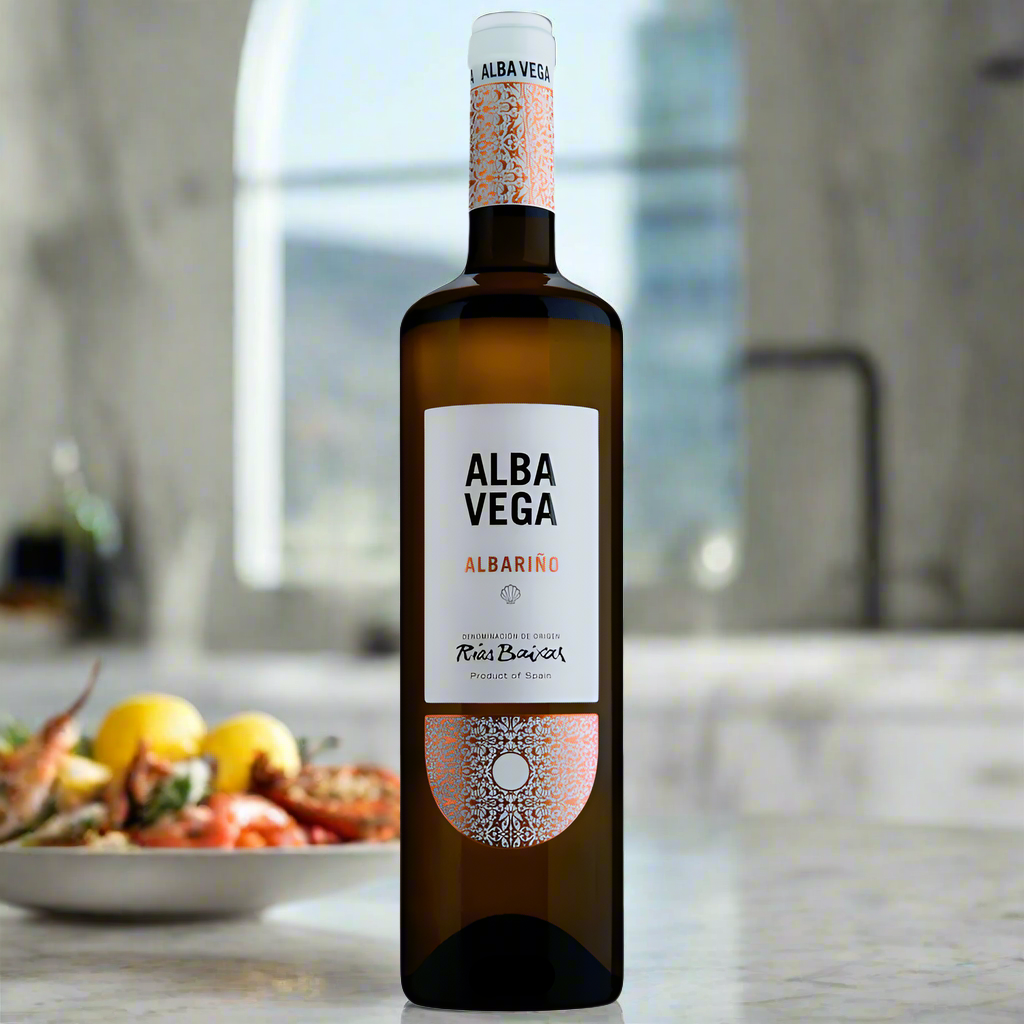 Alba Vega Albariño bottle on marble kitchen counter with seafood and lemons