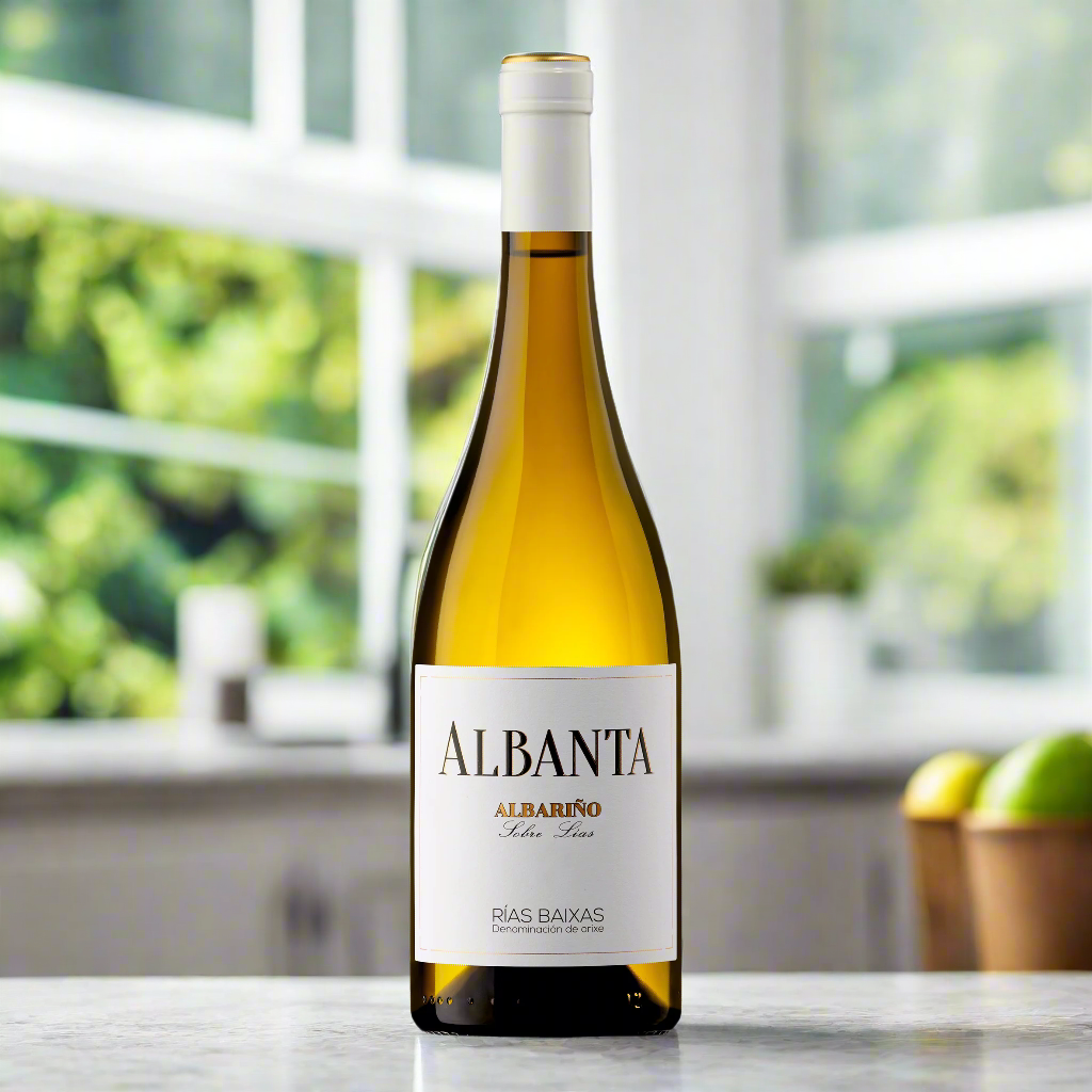 Albanta Albariño bottle on modern stone counter with limes and soft kitchen light