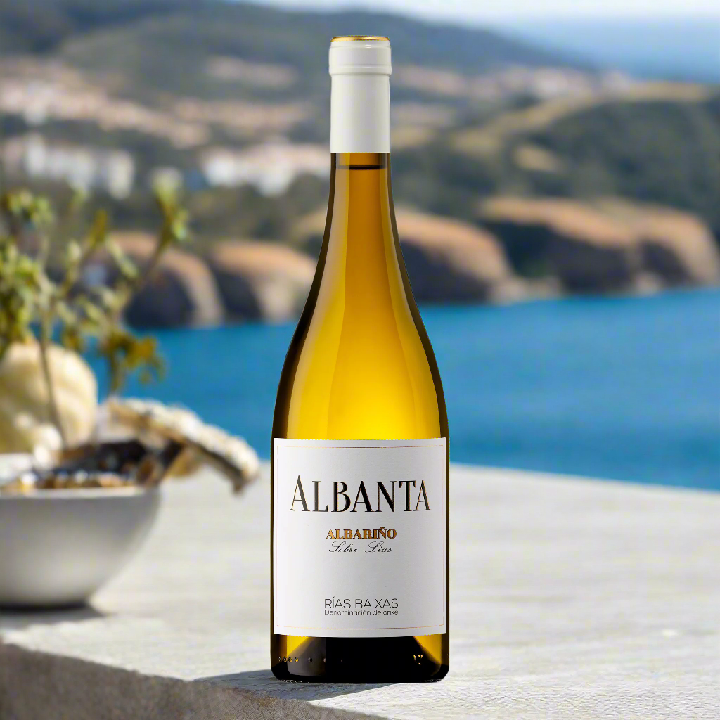 Albanta Albariño bottle on white terrace with citrus and seafood, Galician coast in background
