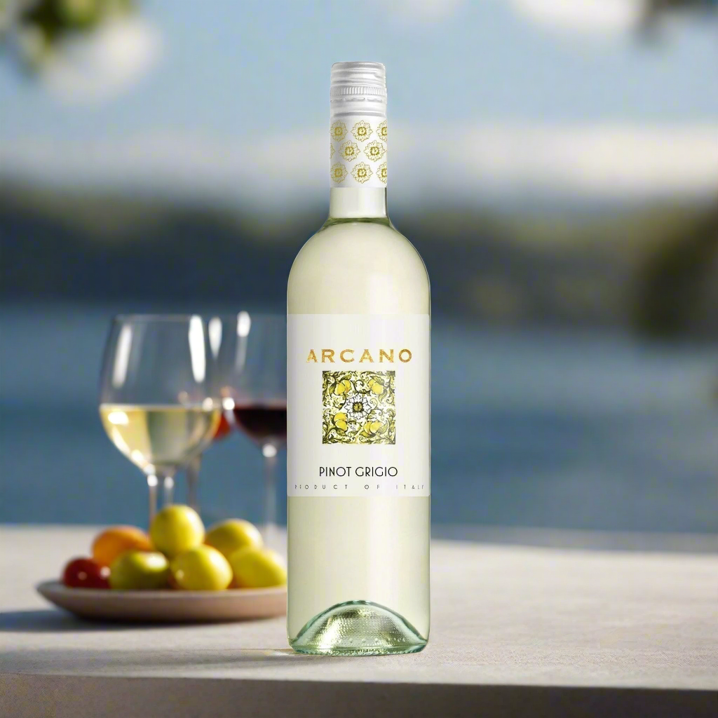 Place a bottle of Arcano Pinot Grigio on a modern outdoor table with stylish glassware, pale stone surfaces, and soft afternoon light.