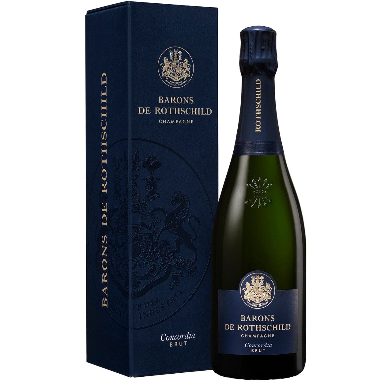 Barons de Rothschild champagne bottle and gift box on a white background