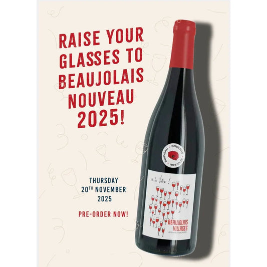 Wine bottle with a label and promotional text for Beaujolais Nouveau 2025 on a textured background