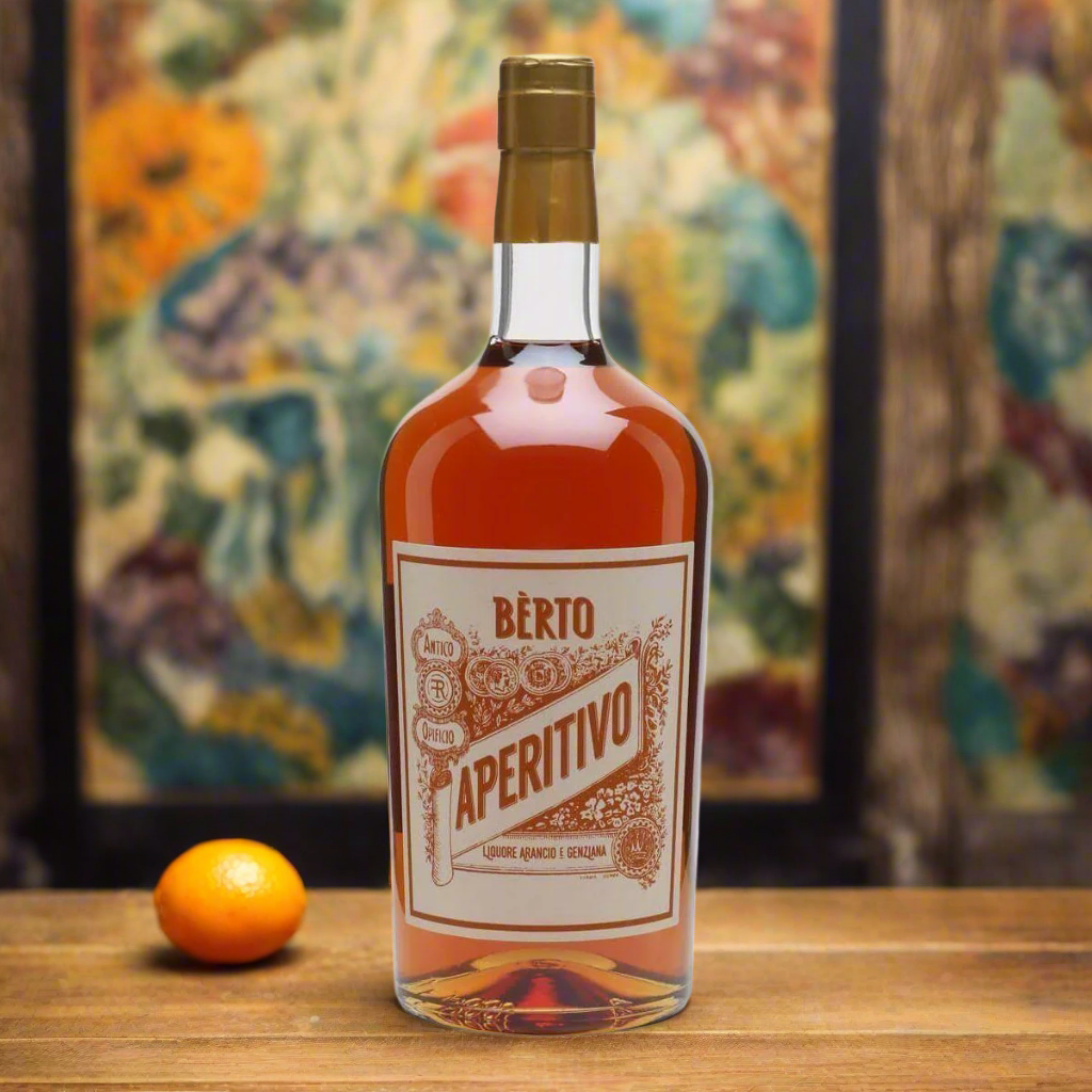 “A vintage Italian bar scene with a bottle of Quaglia Aperitivo Berto on a rustic wooden counter, surrounded by citrus fruits, herbs, and an antique cocktail glass with an orange twist. Warm natural lighting, nostalgic 1950s Italian atmosphere, tiled backdrop.”