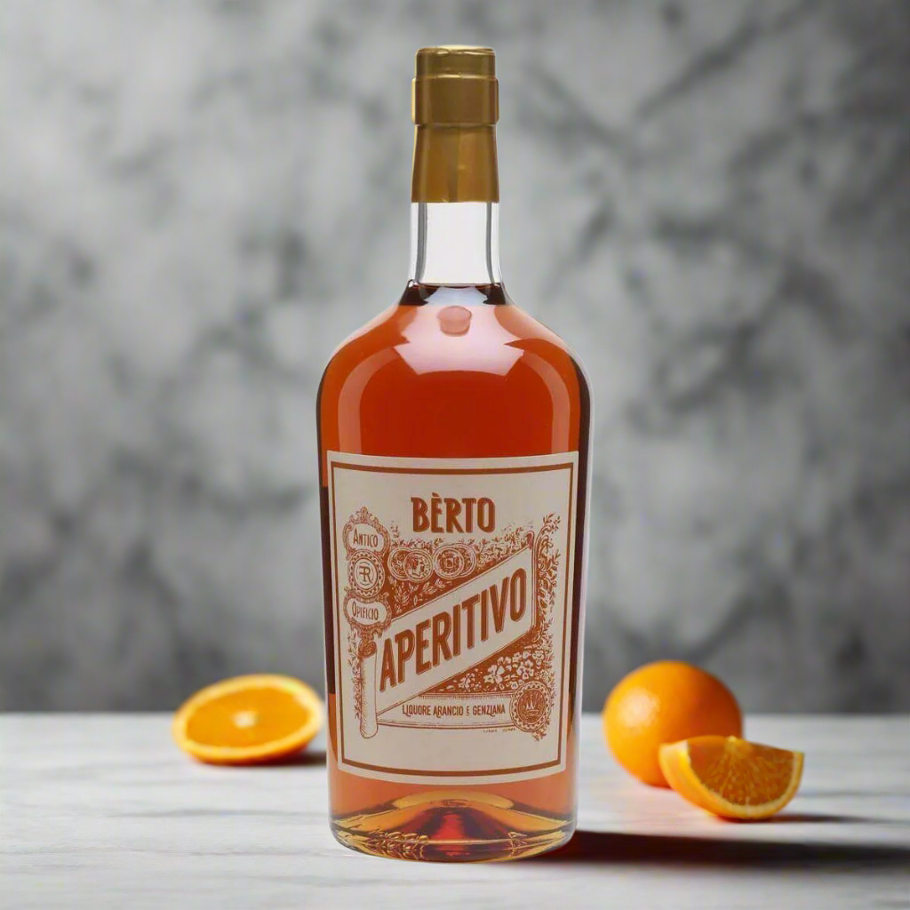 “A sleek, modern drinks setup featuring Quaglia Aperitivo Berto on a marble surface with ice, sliced orange, and a stylish cocktail glass. Soft afternoon light, minimal background, clean composition with a fresh, sophisticated mood.”