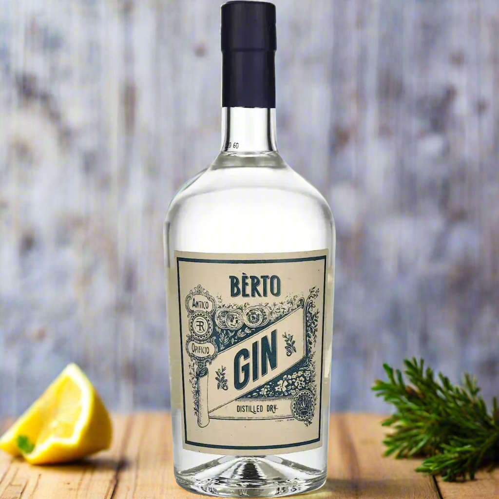“Bottle of Bèrto Distilled Dry Gin on a rustic wooden surface with juniper berries, lemon peel, and wild herbs. Soft natural light, classic Italian setting.”