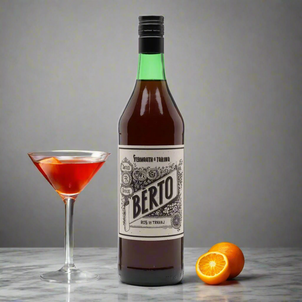 “A sophisticated drinks setup with Bèrto Vermouth Rosso by Quaglia on a dark marble counter, next to a Negroni cocktail in a crystal glass with large ice and an orange twist. Stylish, moody lighting with a contemporary bar backdrop.”