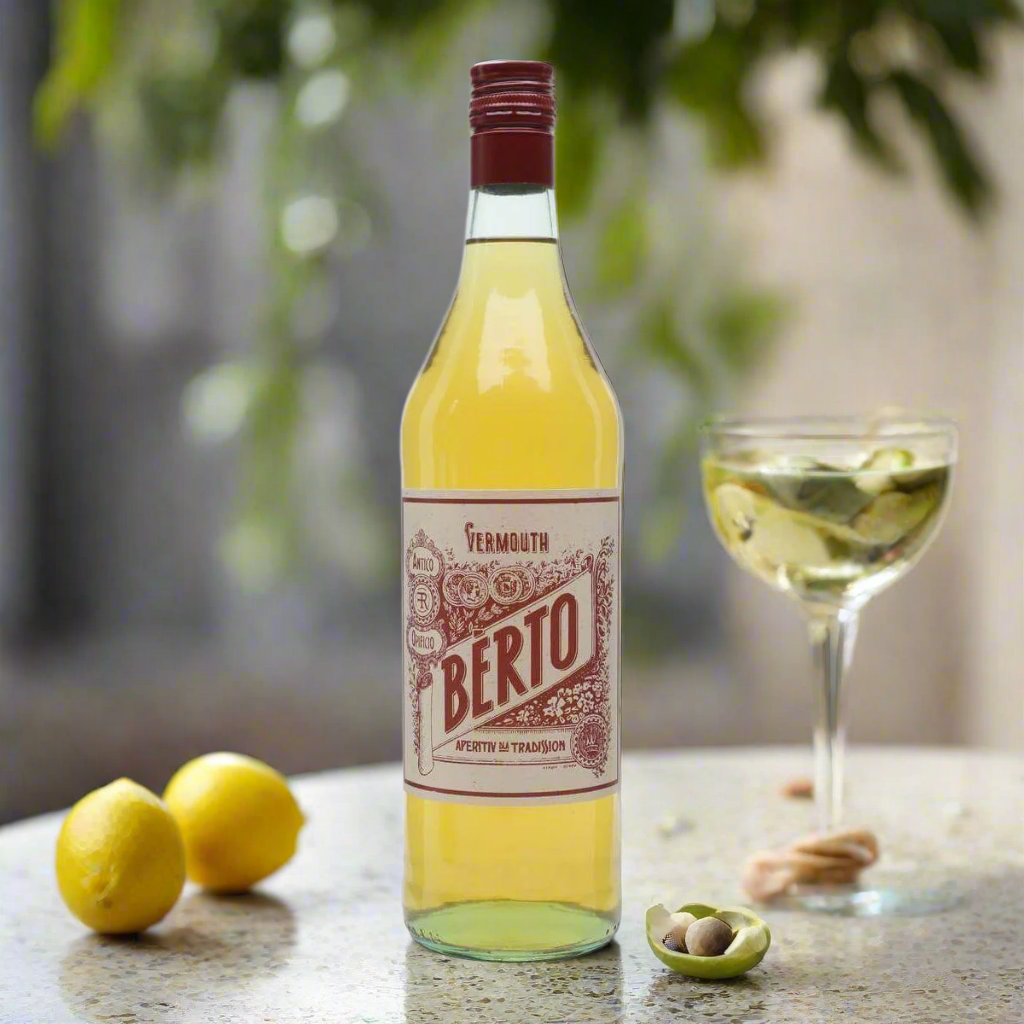 “An elegant Italian aperitivo scene with a bottle of Bèrto Vermouth Bianco by Quaglia on a sunlit terrazzo table, served with a chilled glass over ice, lemon zest, and green olives. Mediterranean garden setting with vintage flair.”