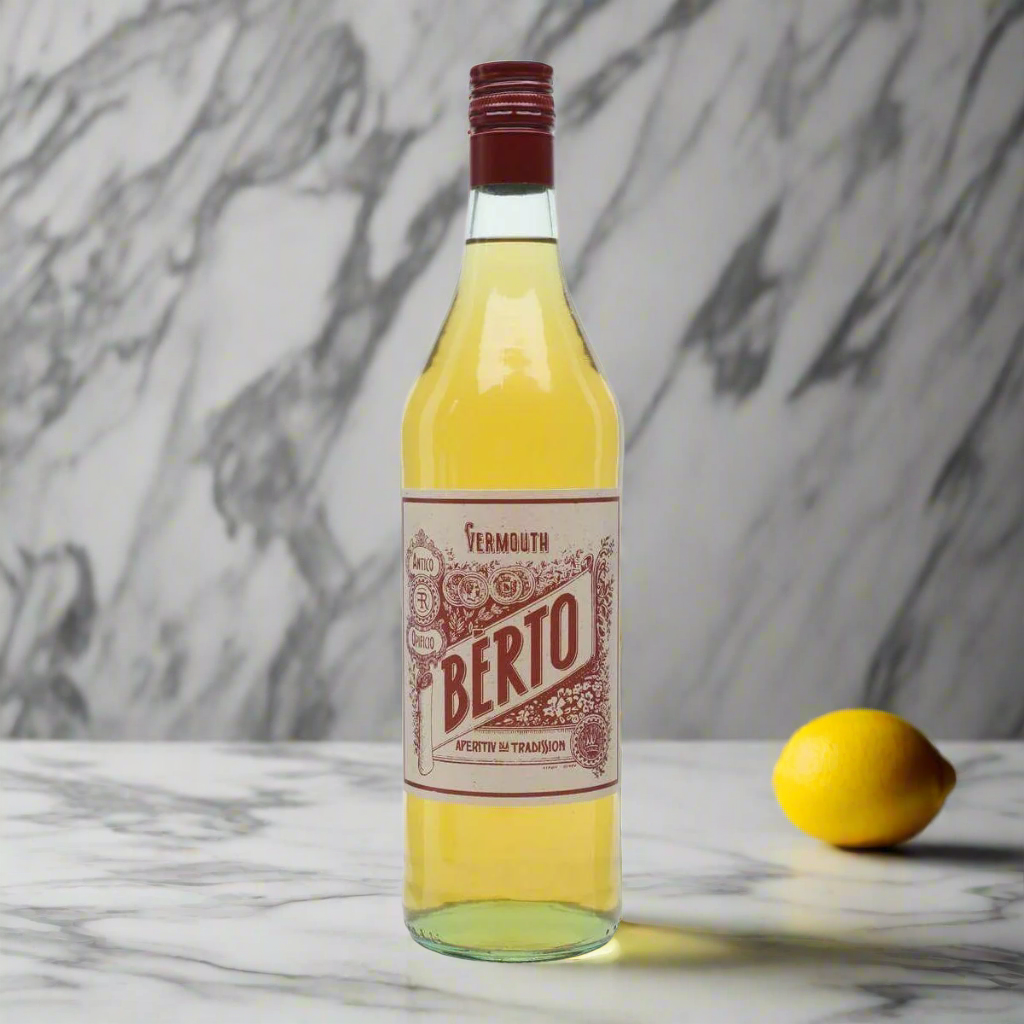 “A clean, modern drinks setup with Bèrto Vermouth Bianco on a marble surface, poured over ice in a crystal glass with a twist of lemon. Bright natural light, minimalist background, fresh and refined aesthetic.”