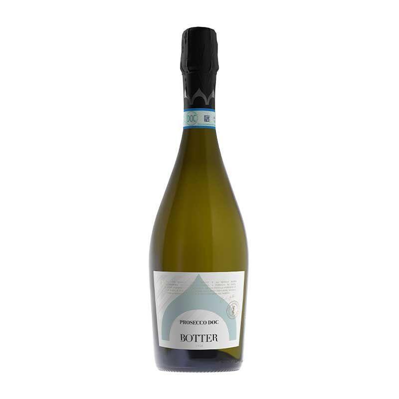 Bottle of Botter Prosecco DOC with new lable design on a white background