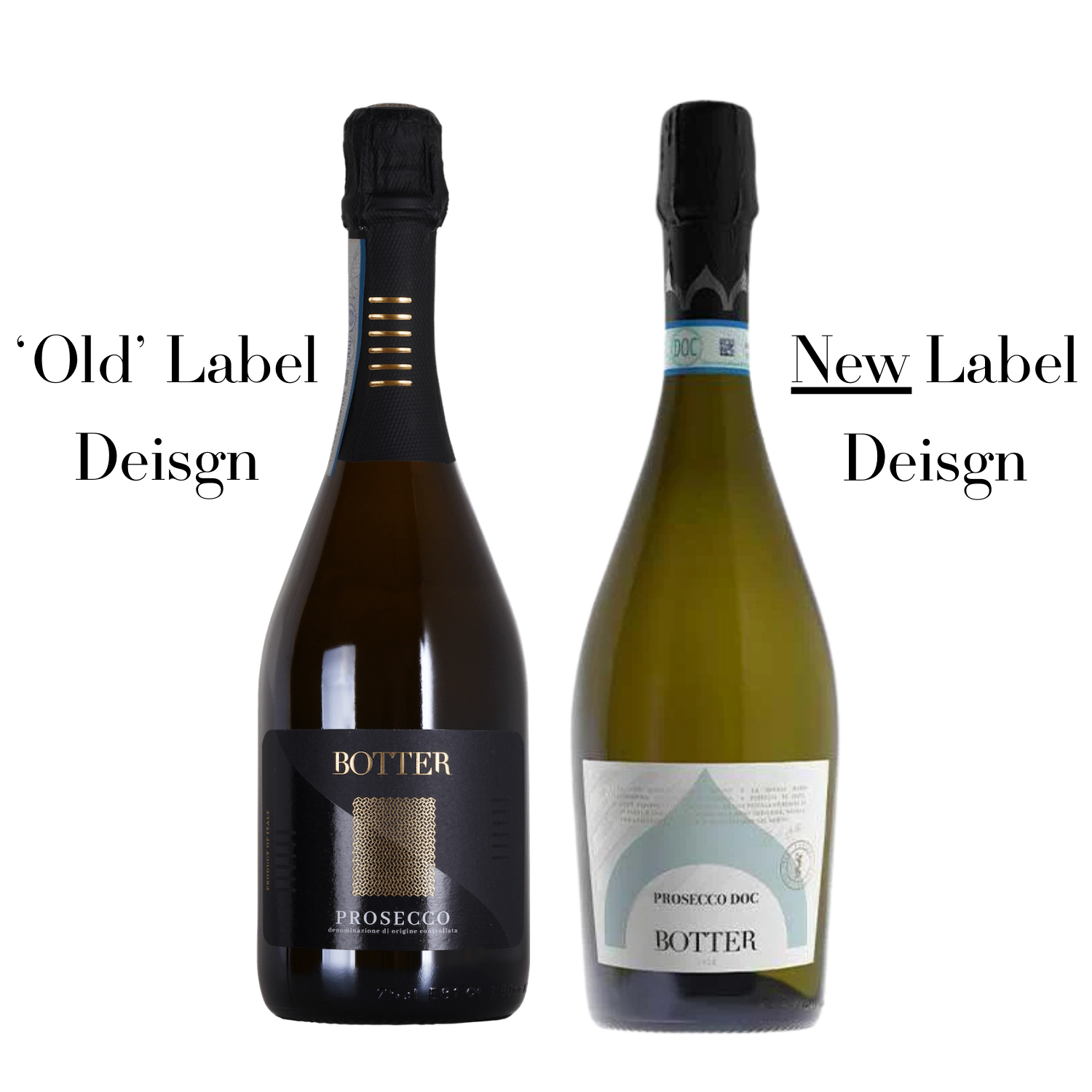 Two bottles of Botter Prosecco with 'Old Label Design' and 'New Label Design' labels on a white background.