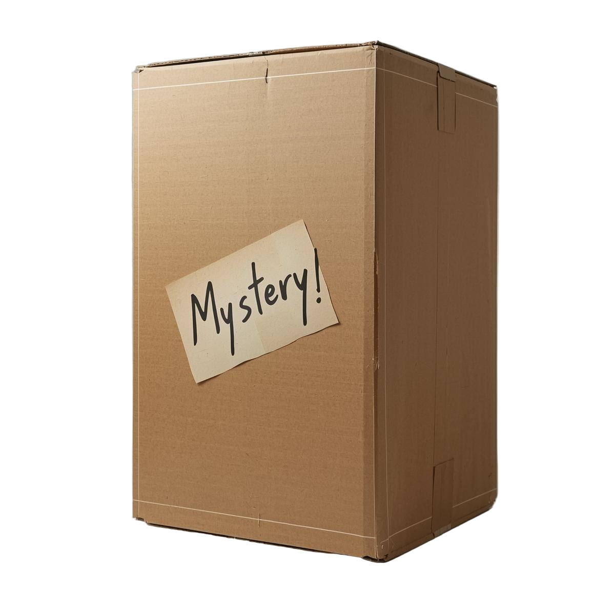 Cardboard box with a 'Mystery!' label on a white background