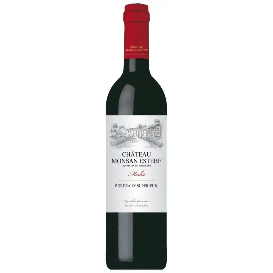 Chateau Monsan Estebe Bordeaux Superieur wine bottle with a white label on a white background