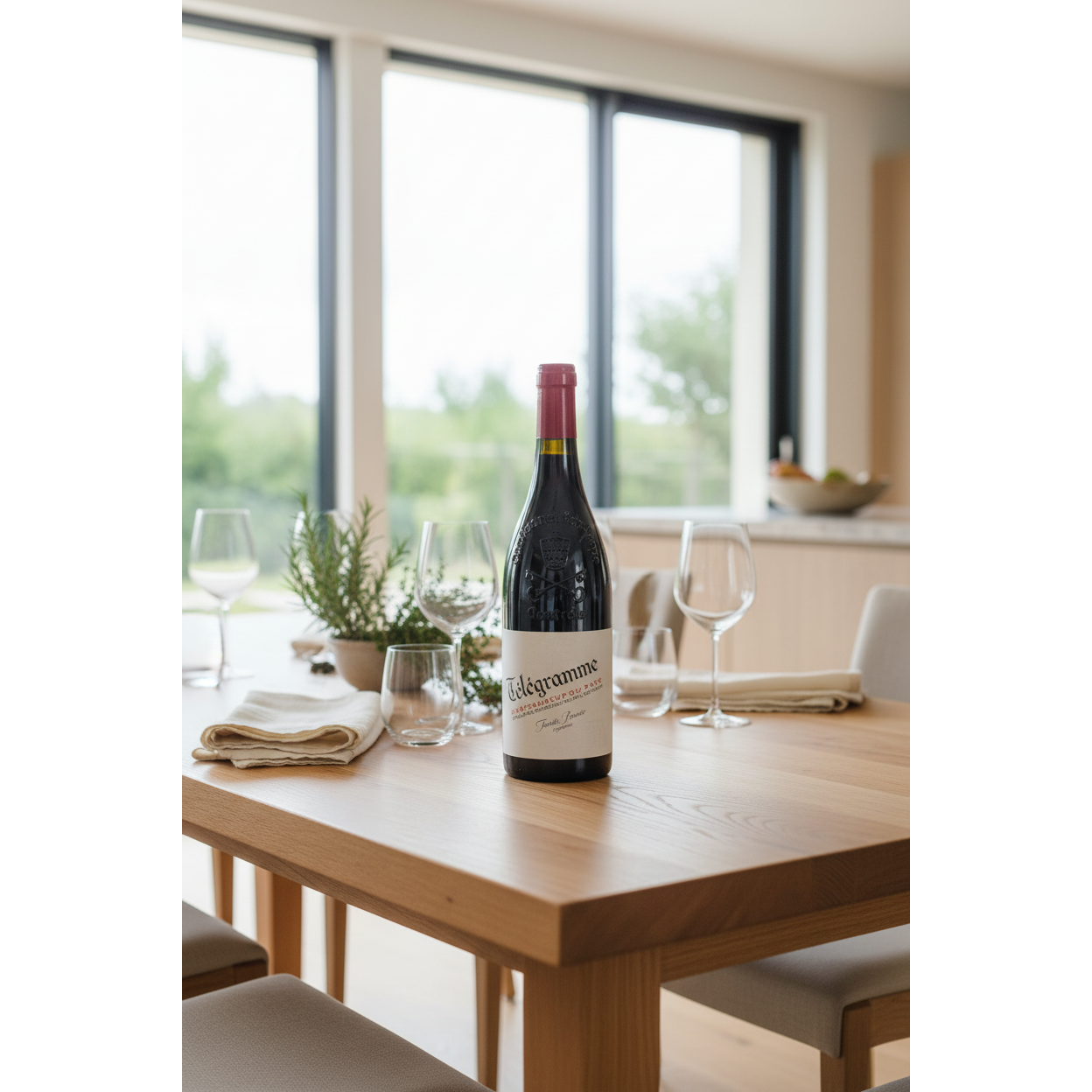 Châteauneuf-du-Pape Télégramme wine bottle displayed on an oak dining table in a bright contemporary kitchen and dining space.