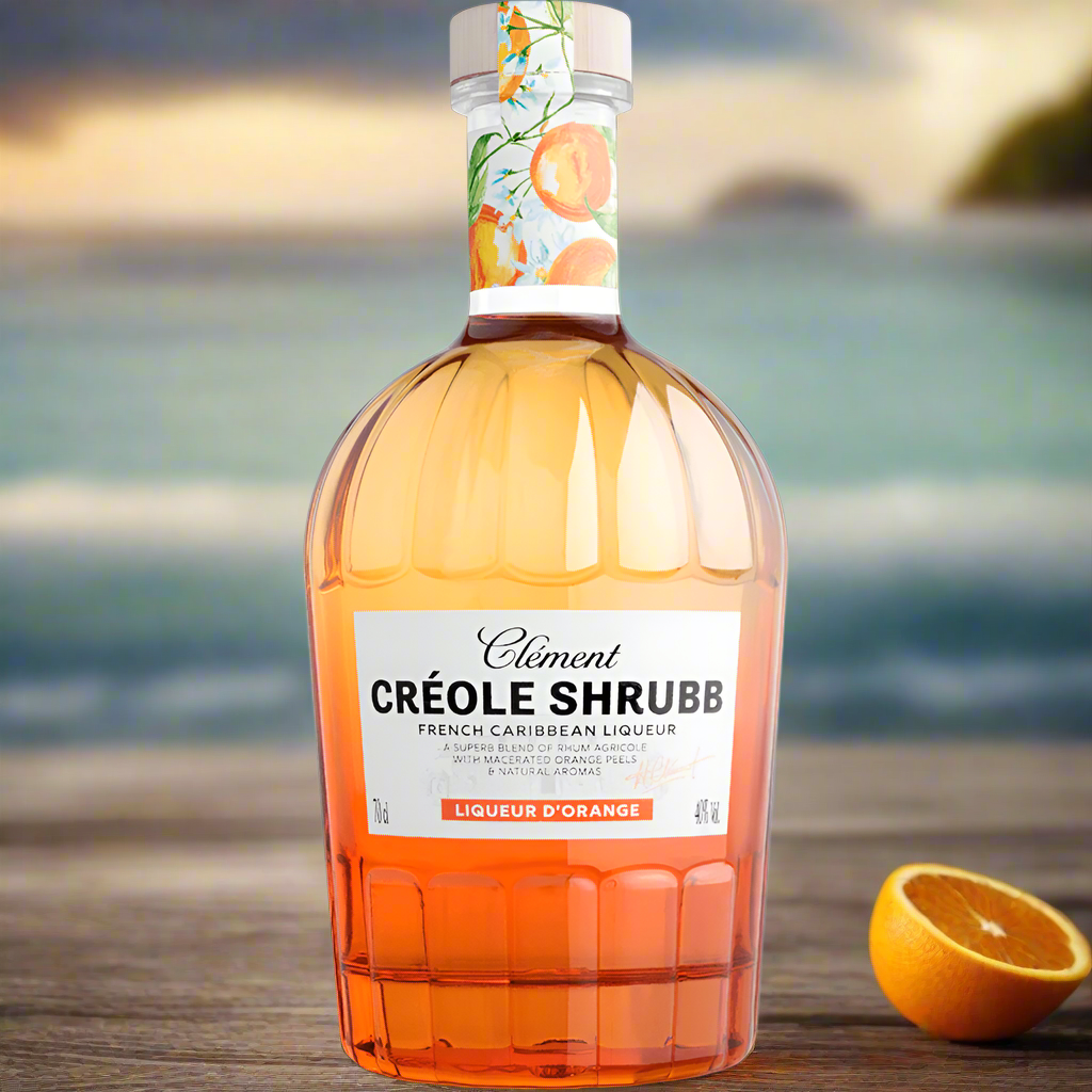 Rustic wooden table with whole and sliced oranges, cloves, and nutmeg, an antique rum bottle nearby, warm golden lighting, subtle Caribbean seaside view in background, vintage feel