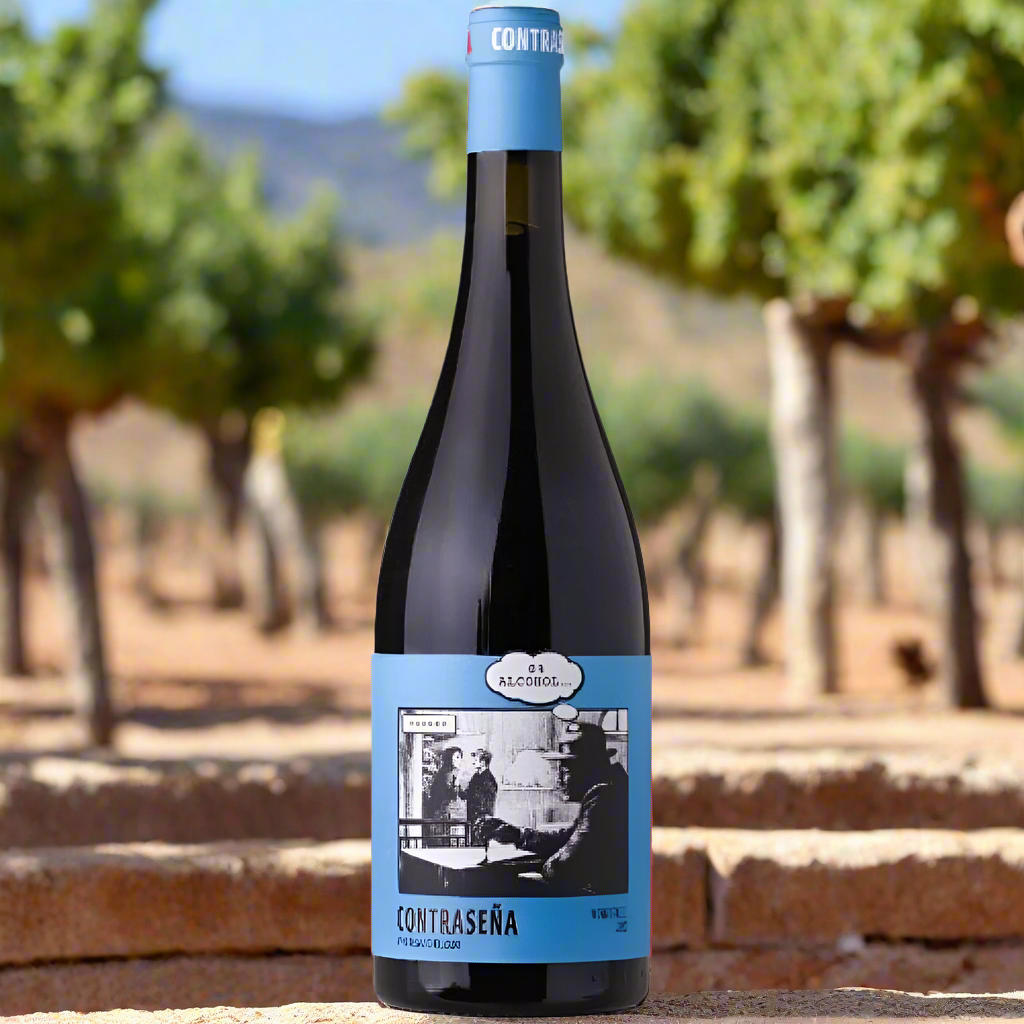 Sun-baked Spanish Vineyard with Olive Trees
A warm, dusty vineyard scene typical of southeastern Spain, with rows of Monastrell vines, terracotta soils, and the silhouette of olive trees under a blue sky. The bottle is placed on a rustic stone wall with a glass of the dark, ruby-red wine beside it—highlighting its origin and depth without alcohol.