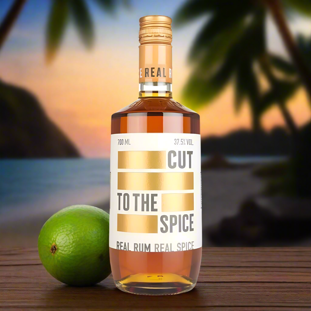 Tropical Night Scene with Firelight and Palms
An outdoor beach setting at night, with flickering firelight and shadows of palm trees. The bottle rests on a rugged wooden table, surrounded by limes, spices, and a steel cup with a rum cocktail. This backdrop gives it a raw, adventurous vibe—spicy and untamed.