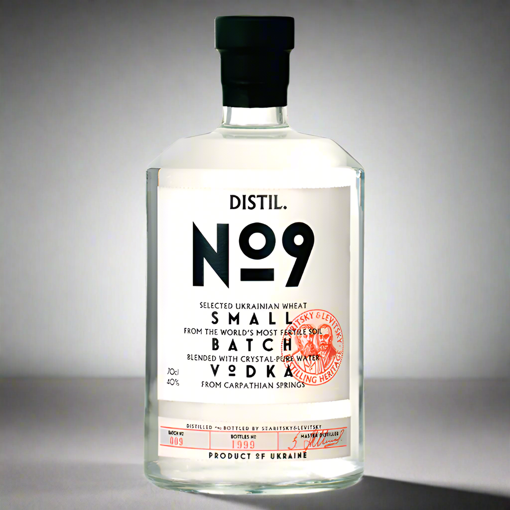 Crystal Clear Ice and Elegant Glassware
A high-end setting with a crystal-clear ice cube in a tumbler, a chilled bottle of Distil No.9 next to it, and elegant glassware. Soft lighting and reflections emphasize the purity and precision of the vodka, capturing its premium nature.