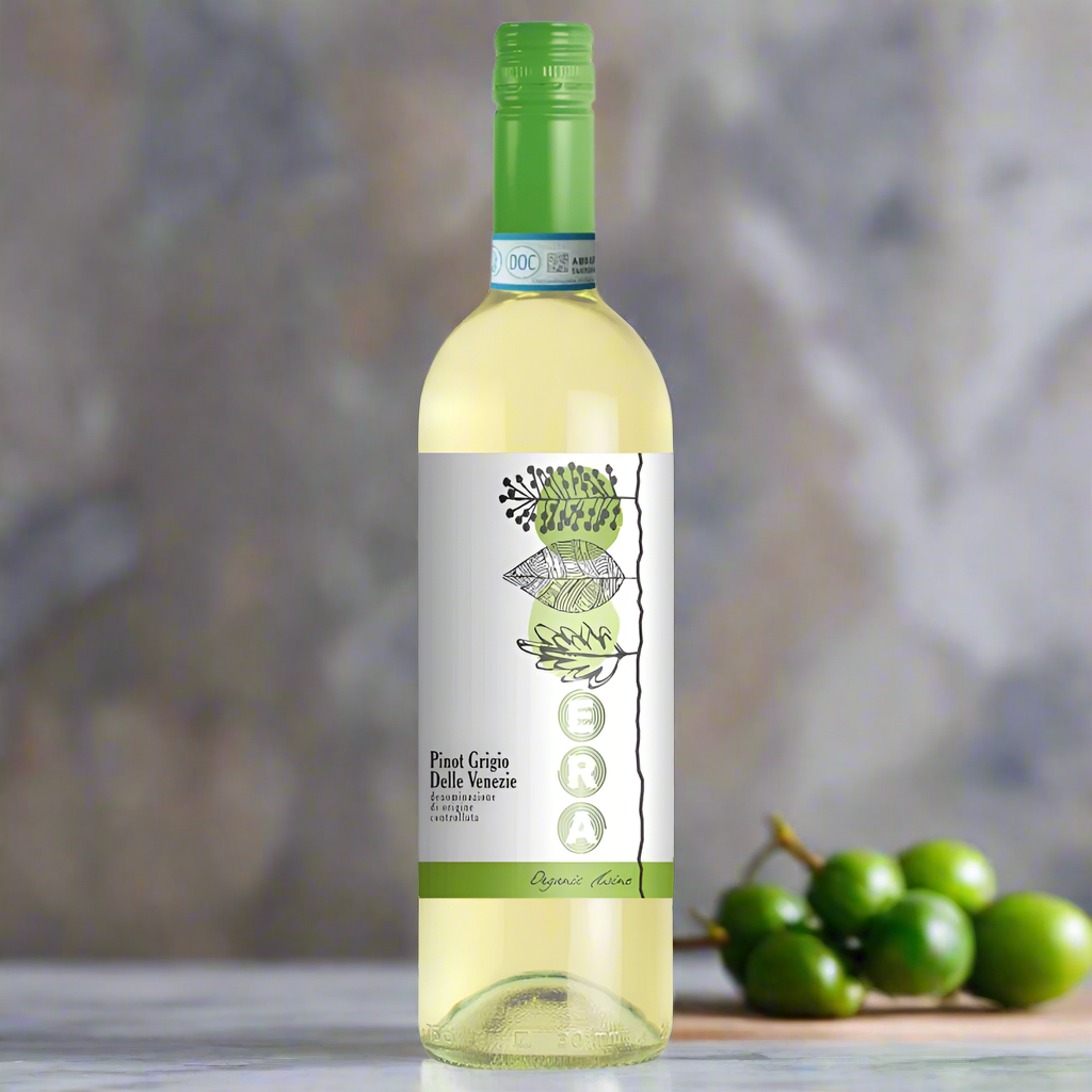ERA Organic Pinot Grigio bottle on a marble kitchen counter with olives