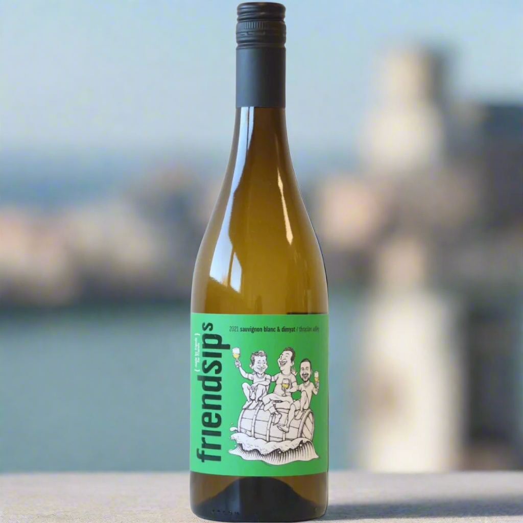Friendsips Sauvignon Blanc bottle on sunlit rooftop with basil and sea view