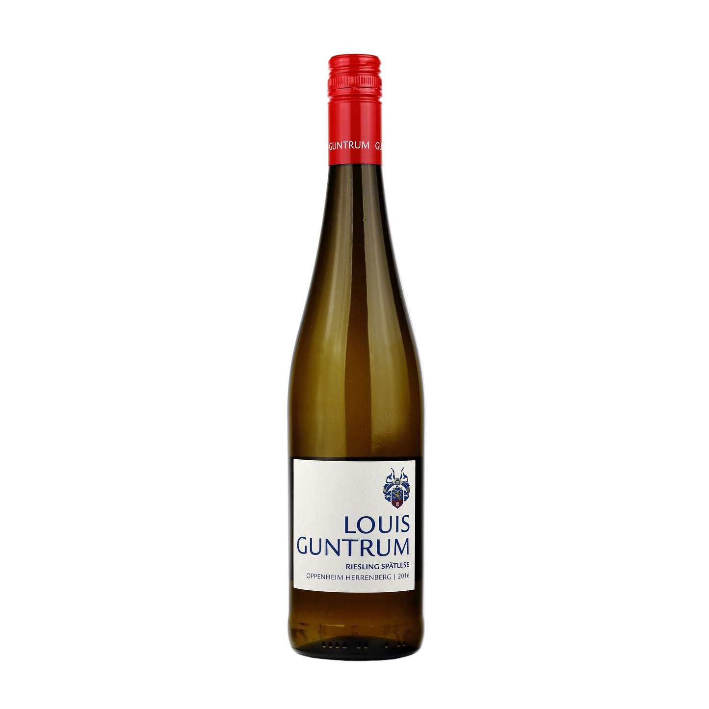 Bottle of Louis Guntrum wine with a red cap on a white background