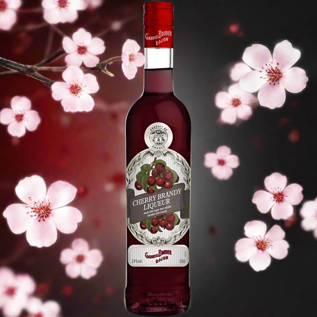 Glossy black surface with scattered fresh cherries and a subtle cherry blossom accent, rich red gradient background with soft spot lighting, clean and contemporary feel, no glass or people