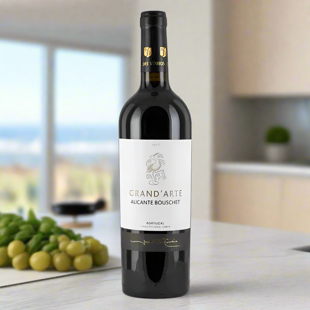 Grand’Arte Alicante Bouschet bottle in modern kitchen with sea view.