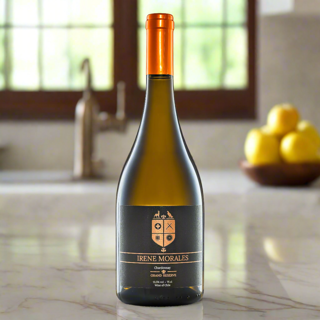 Irene Morales Oaked Chardonnay bottle in a bright modern kitchen with pears and lemons