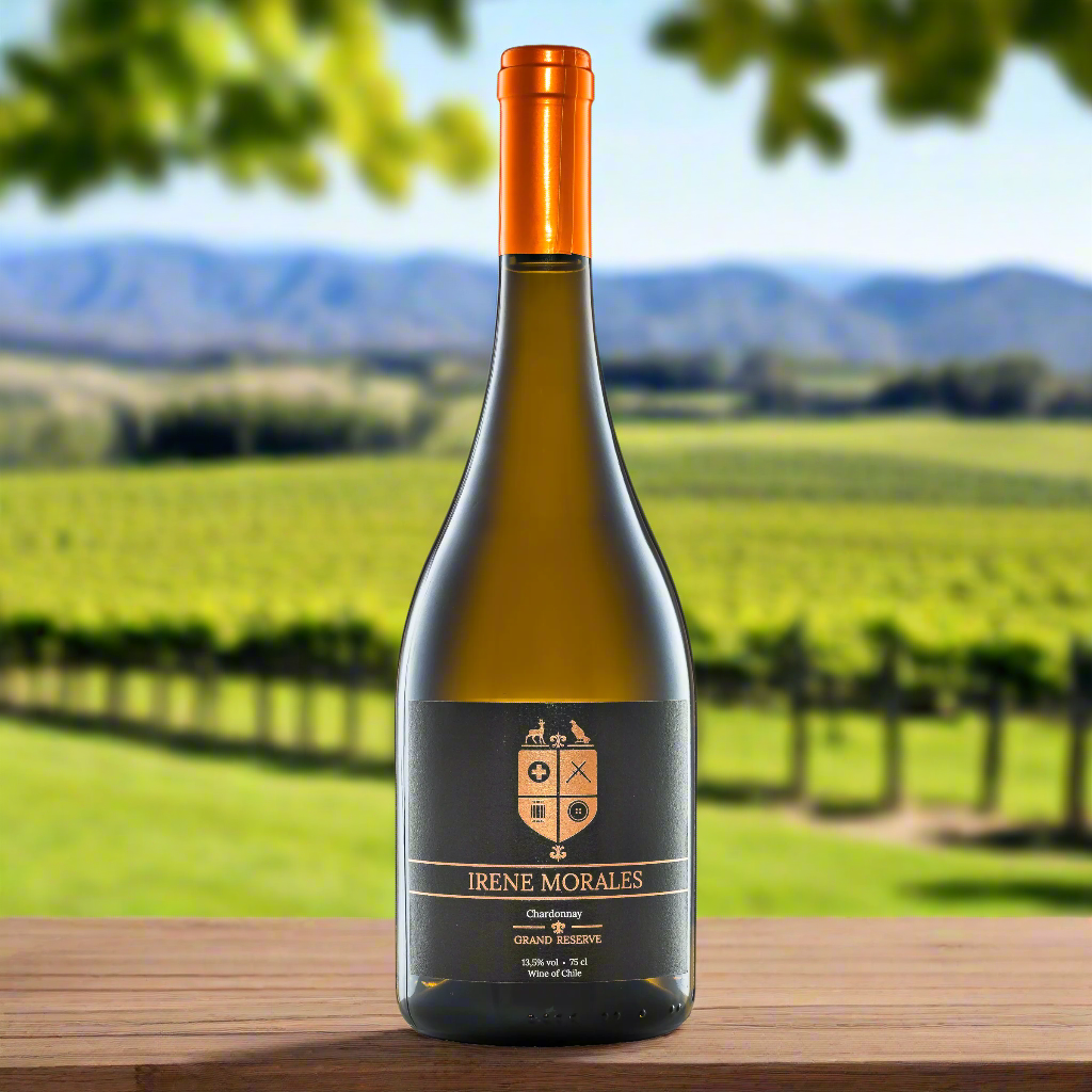 Irene Morales Oaked Chardonnay bottle in a Chilean vineyard