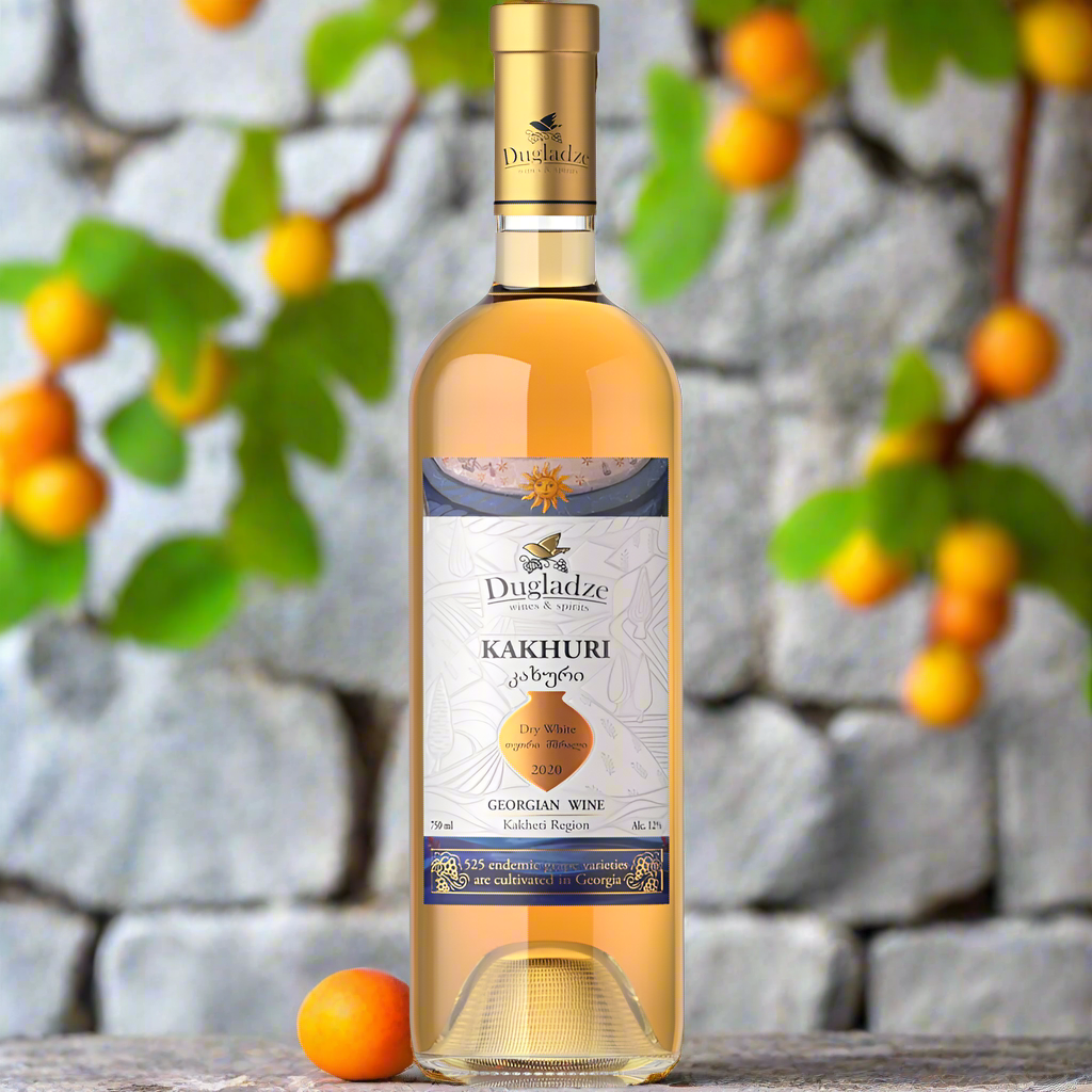 Bottle of Dugladze Kakhuri Georgian wine with a stone wall and orange trees in the background