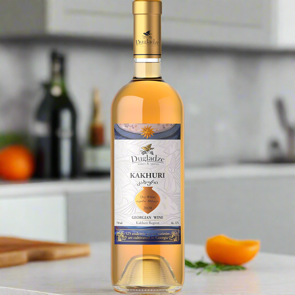Dugladze Kakhuri Qvevri Orange Wine bottle with apricots and herbs in modern kitchen