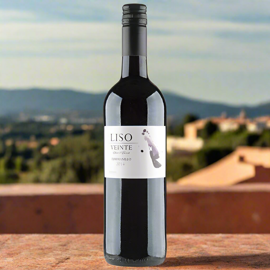 Liso Veinte Tempranillo bottle on a sunlit rooftop