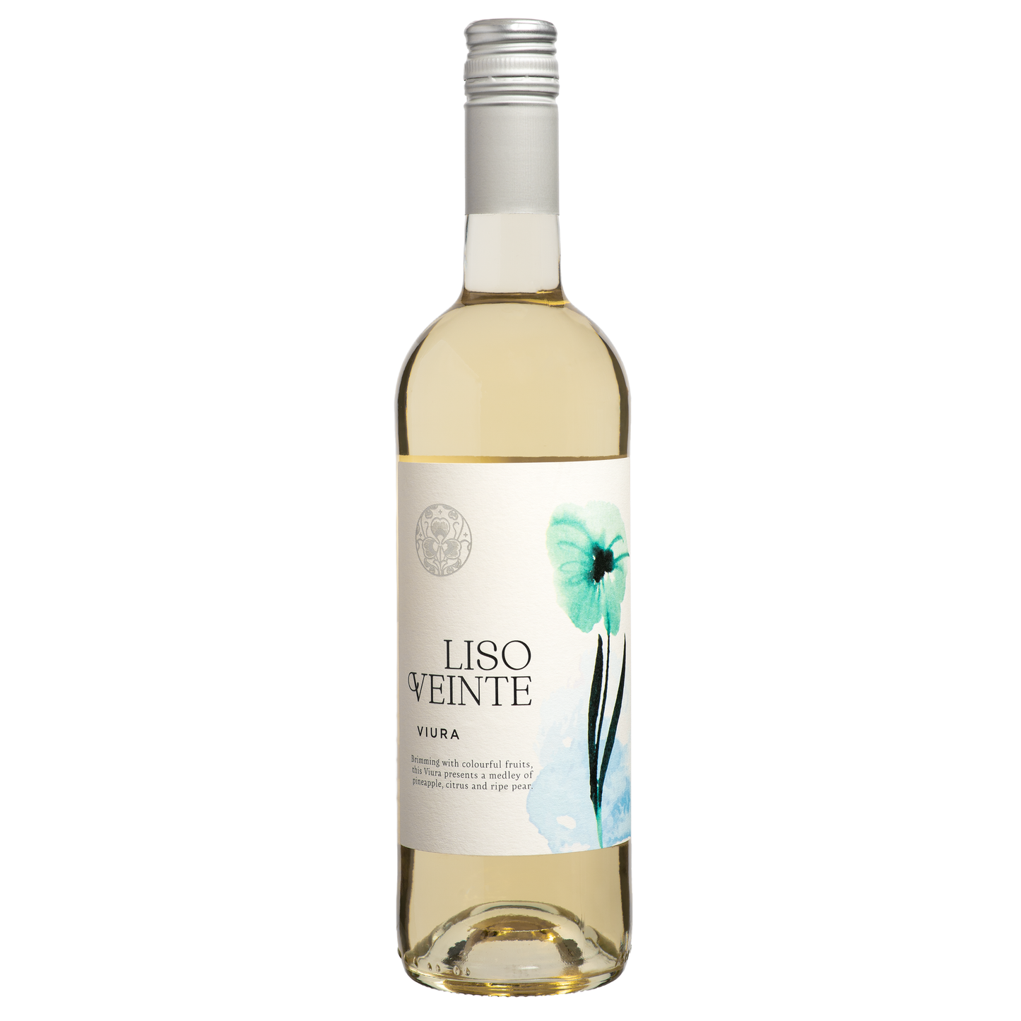 Bottle of Liso Veinte Viura white wine on a white background