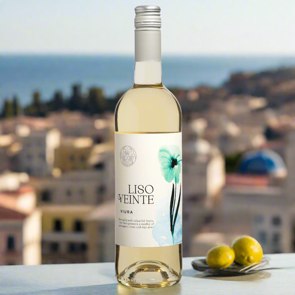 Liso Veinte Viura bottle on rooftop terrace with olives