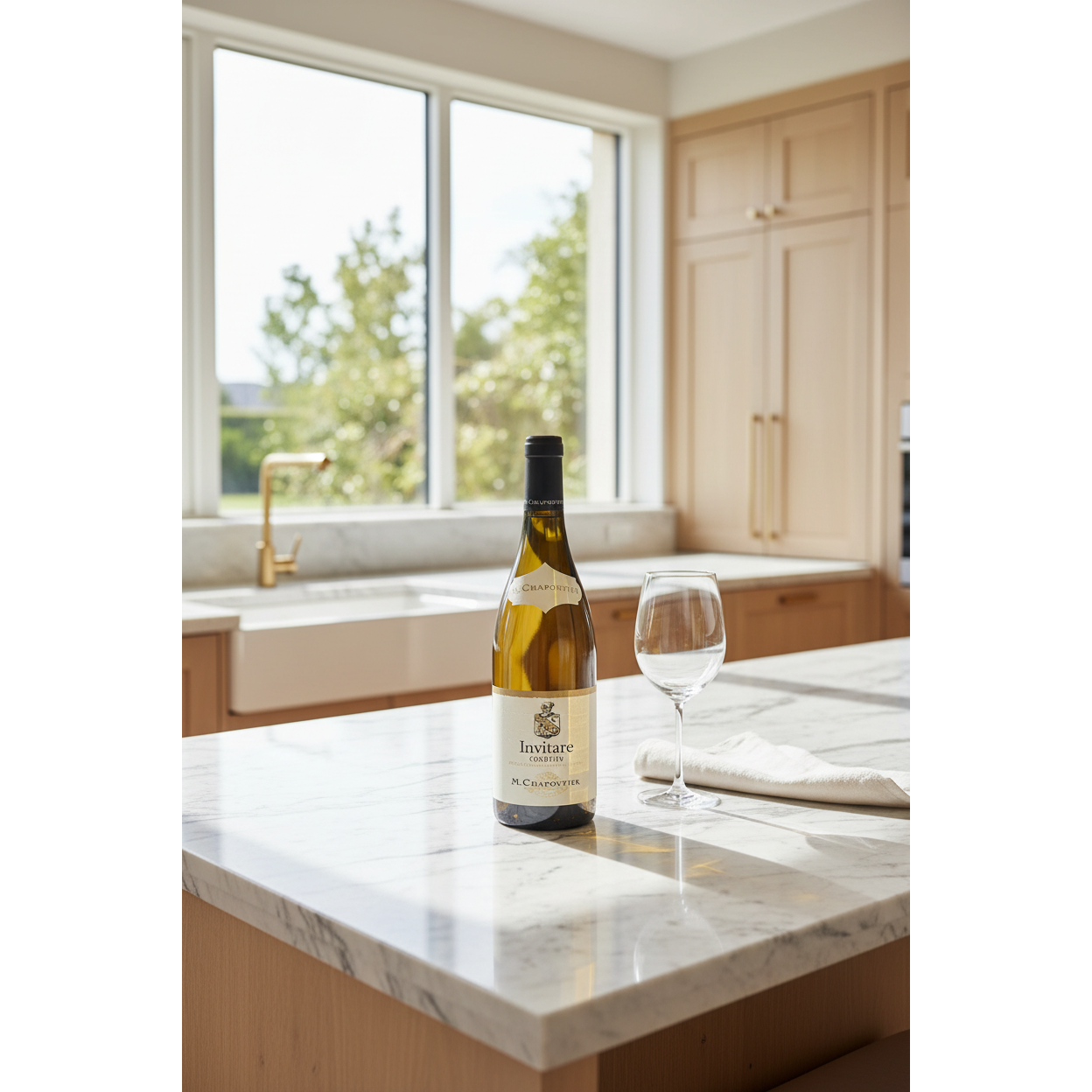 M. Chapoutier Condrieu Invitare 2022 wine bottle displayed on a polished stone kitchen island in a bright contemporary home.