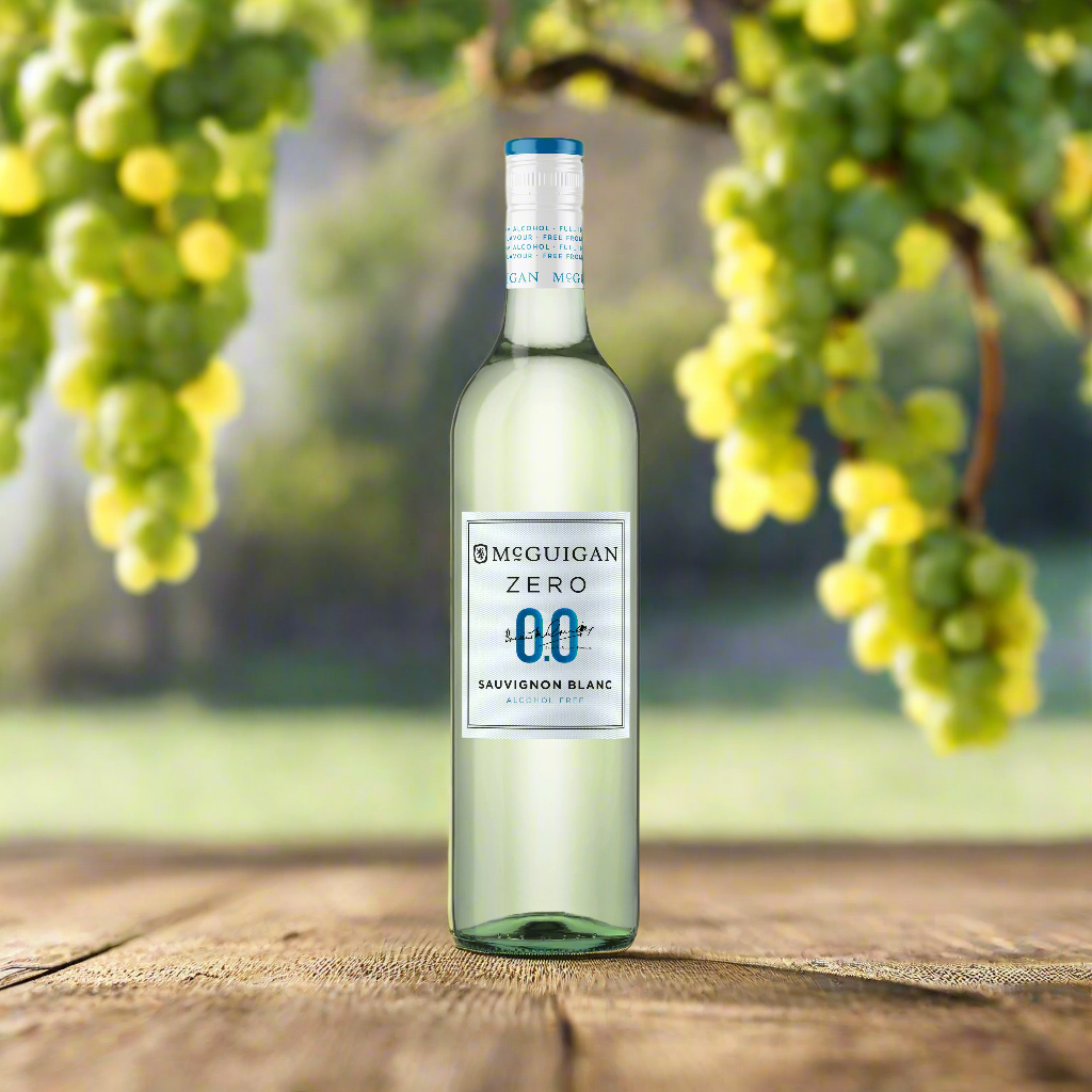 Vibrant Vineyard with Bright Sunlight
A lively vineyard in a sun-drenched setting, showcasing lush grapevines with bright green leaves and ripe Sauvignon Blanc grapes. The bottle of McGuigan Zero sits on a rustic wooden table next to a glass filled with the pale, refreshing wine, reflecting the purity and lightness of the non-alcoholic option.