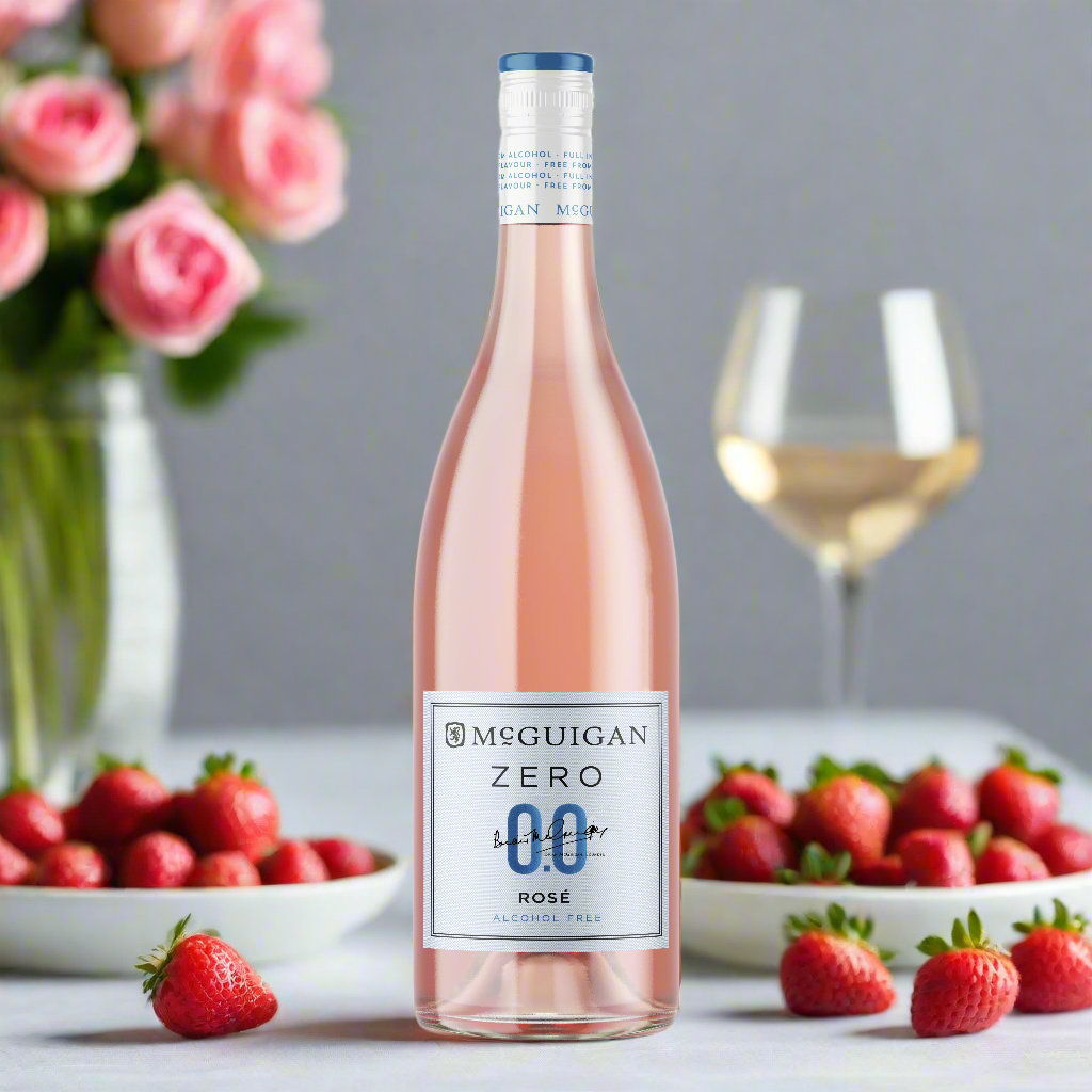 Bright Garden Brunch with Florals and Fresh Berries
A sunlit garden table with pink flowers, bowls of strawberries and raspberries, and a chilled bottle of McGuigan Zero Rosé. Soft pastel tones and elegant glassware create a vibrant yet relaxed atmosphere—perfect for showcasing the wine’s light and cheerful appeal.