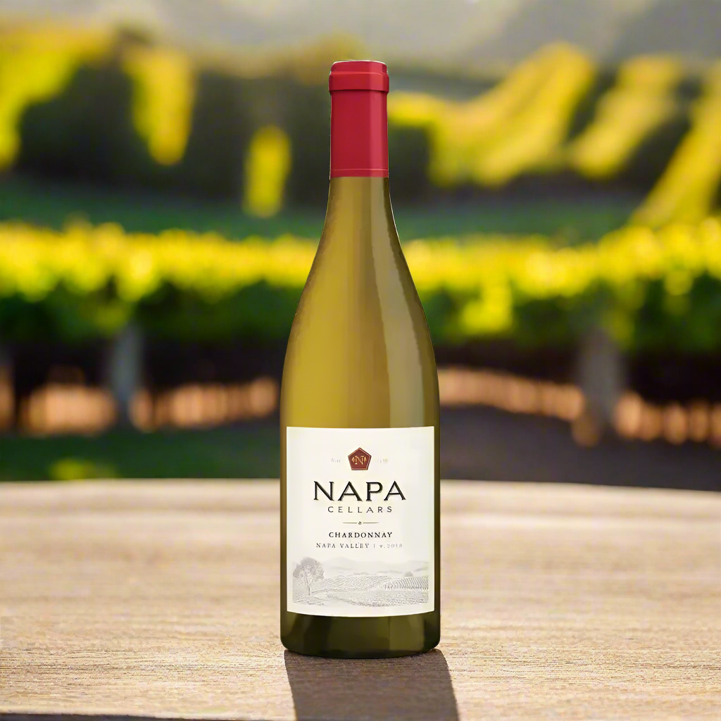 Bottle of Napa Cellars Chardonnay on an outdoor vineyard table at golden hour, with soft sunlight filtering through grapevines, rustic and inviting.