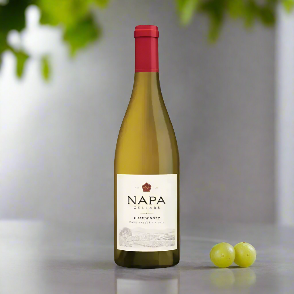 Napa Cellars Chardonnay bottle on a sleek white table with subtle reflections, paired with a clean backdrop of sunlit greenery or soft-focus grapes and citrus slices. Bright, elegant, and contemporary.