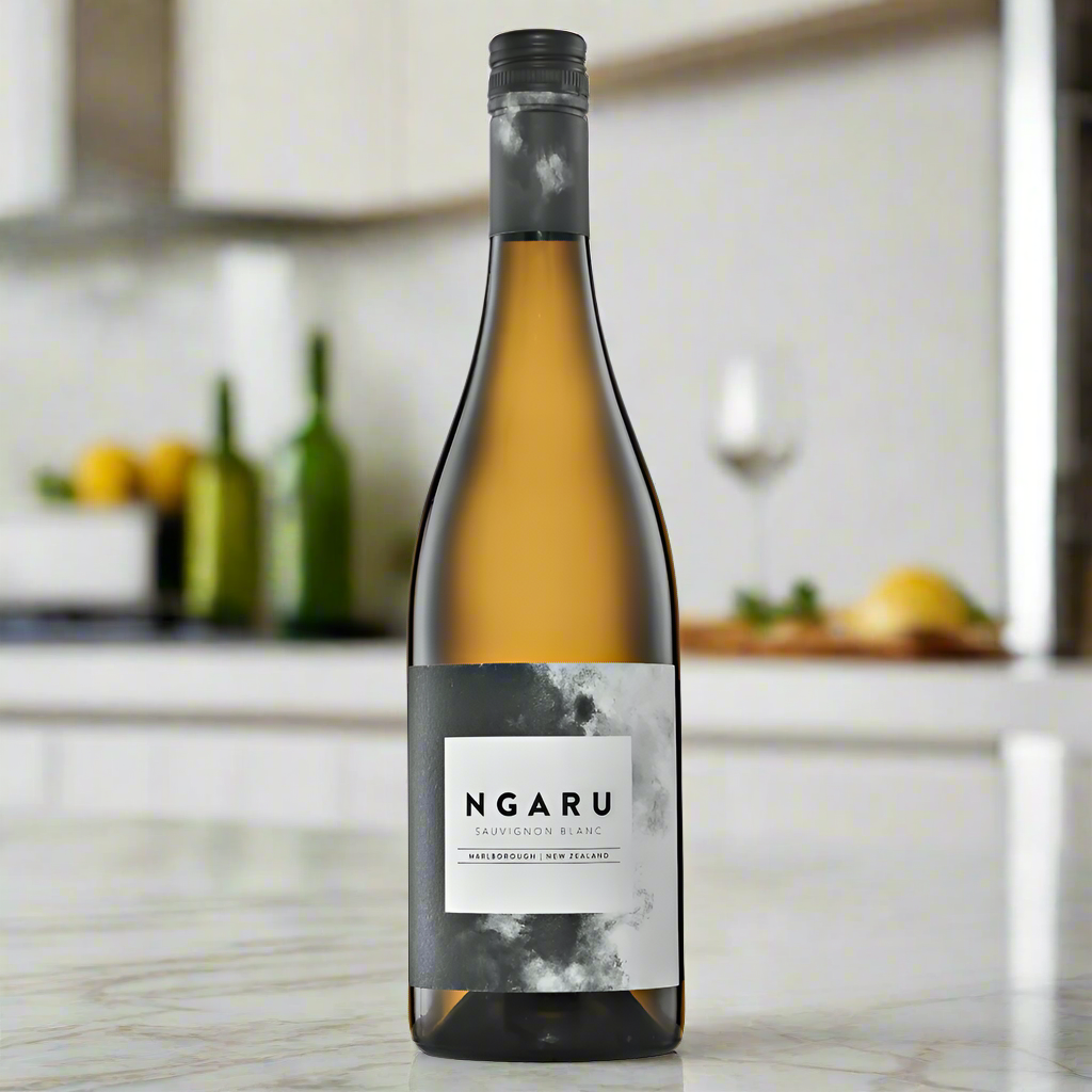 Bottle of Ngaru Sauvignon Blanc wine on a kitchen counter