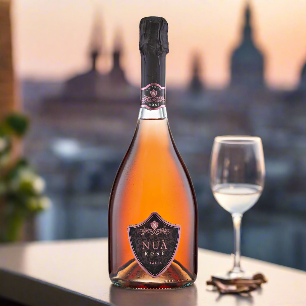 A stylish Italian rooftop terrace with soft sunset lighting, pink-hued sky, and elegant glassware. Think Milan or Venice vibes—perfect for a bottle of bubbly rosé being poured into flutes, ready to toast.