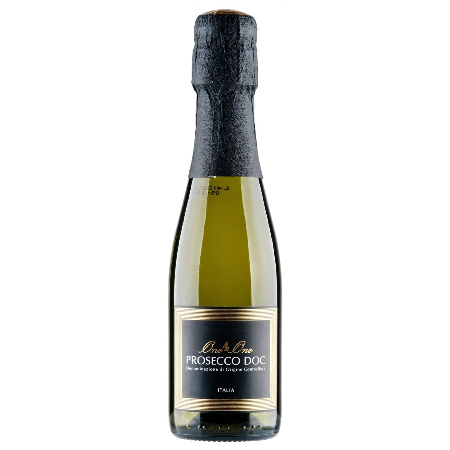Bottle of One4One Prosecco DOC with a black label on a white background