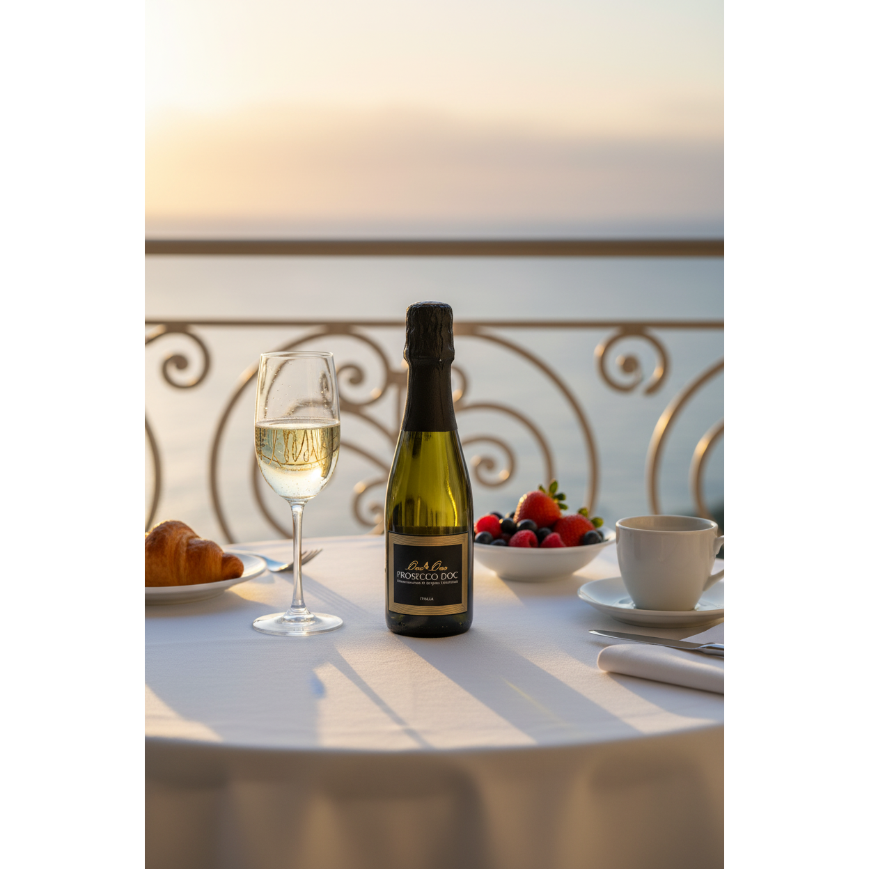One4One Prosecco 200ml mini bottle displayed on a luxury hotel balcony breakfast table overlooking the sea.