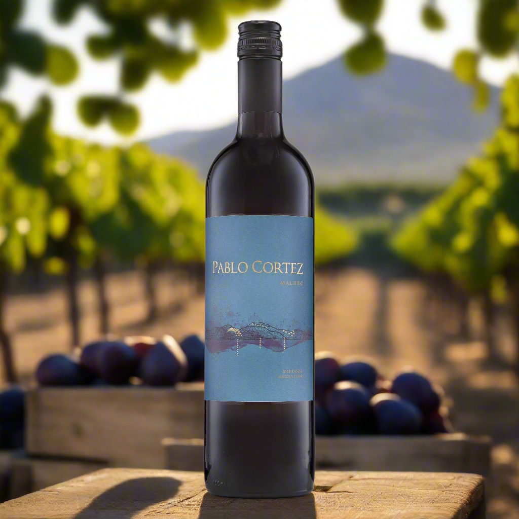 Argentine vineyard at sunset with vines, plums, figs, and wooden crates.