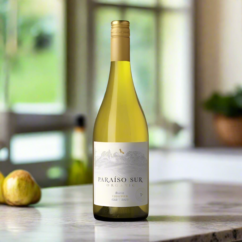 Bottle of Paraiso Sur Organic Viognier white wine on a kitchen counter with blurred background