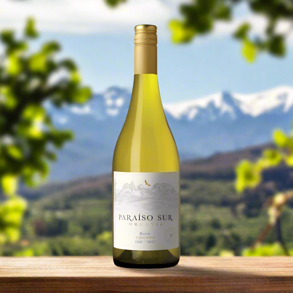 Bottle of Paraiso Sur Organic Viognier white wine on a wooden surface with a scenic background