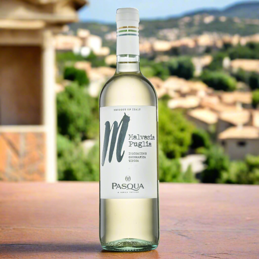 Bottle of Pasqua Malvasia Puglia wine with a scenic background