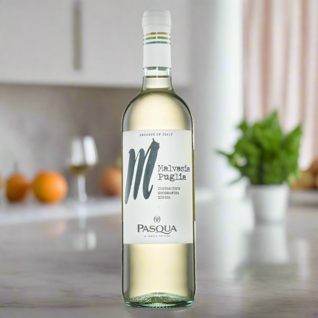 Pasqua Colori D’Italia Malvasia di Puglia bottle on marble counter with apricots and mint