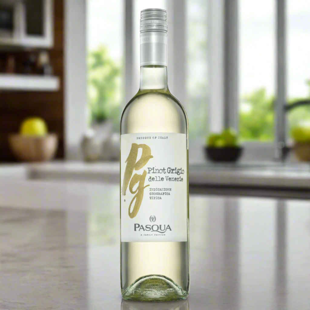 Pasqua Colori D’Italia Pinot Grigio bottle on a modern marble kitchen island with soft natural light